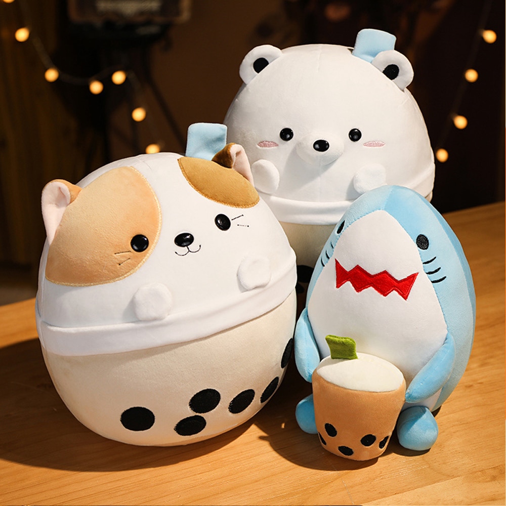 Cute Boba Animal Plush Toys Stuffed Bear Cat Shark Cosplay Boba Bubble Tea Soft Doll Kids 1 - Boba Plush